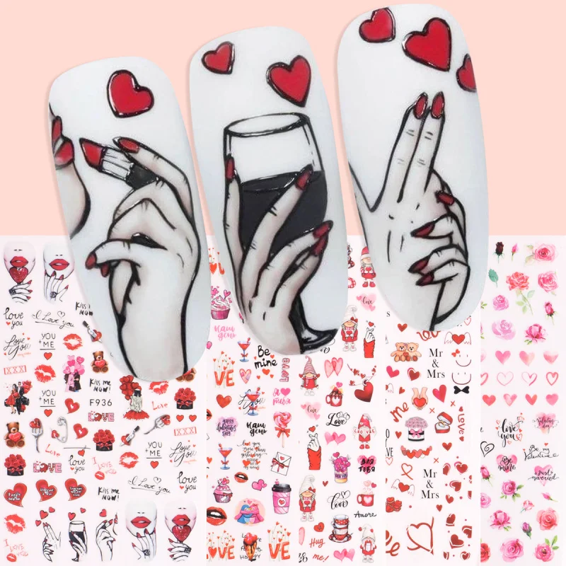 

5pcs 3D Valentine Nail Art Stickers Cool Lady Heart Rose Flower Sliders Coffee Cake Adhesive Decals Decorations DIY Manicure