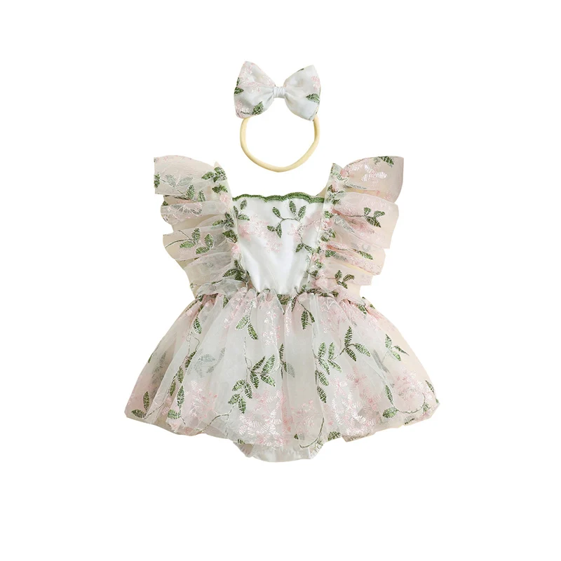 

Newborn Baby Girl Floral Embroidery Tulle Romper Dress Ruffle Sleeve Mesh Sheer Bodysuit with Headband