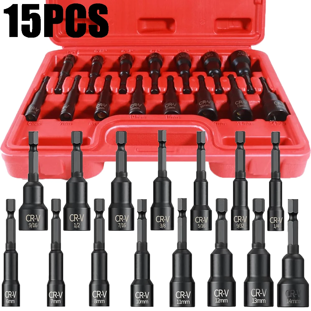 12/15PCS Magnetic Nut Driver Set - Premium Impact Power Hex Nut Driver Drill Bit Master Kit, SAE & Metric, 1/4-Inch Quick-Change