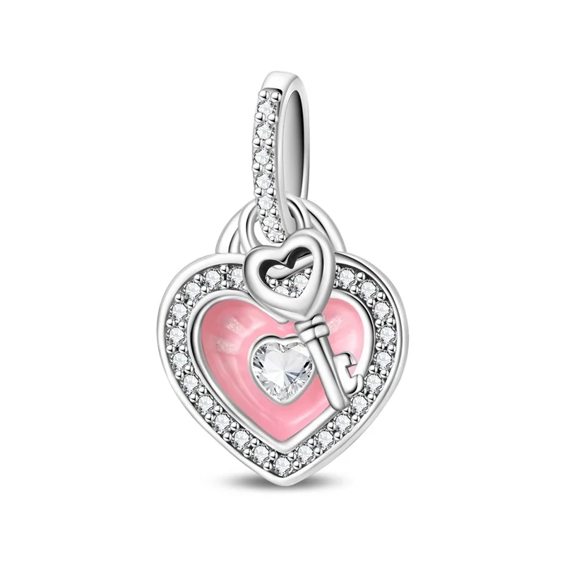 

New 925 Sterling Silver Pink Heart Lock Charms Pendant For Women Fit Original Bracelet DIY Birthday Party Jewelry Gifts