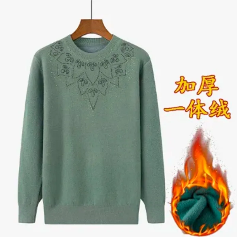 Mature Women Round Neck Sweater Autumn Winter Rhinestone Decor Plus Size Pullover Knit Top