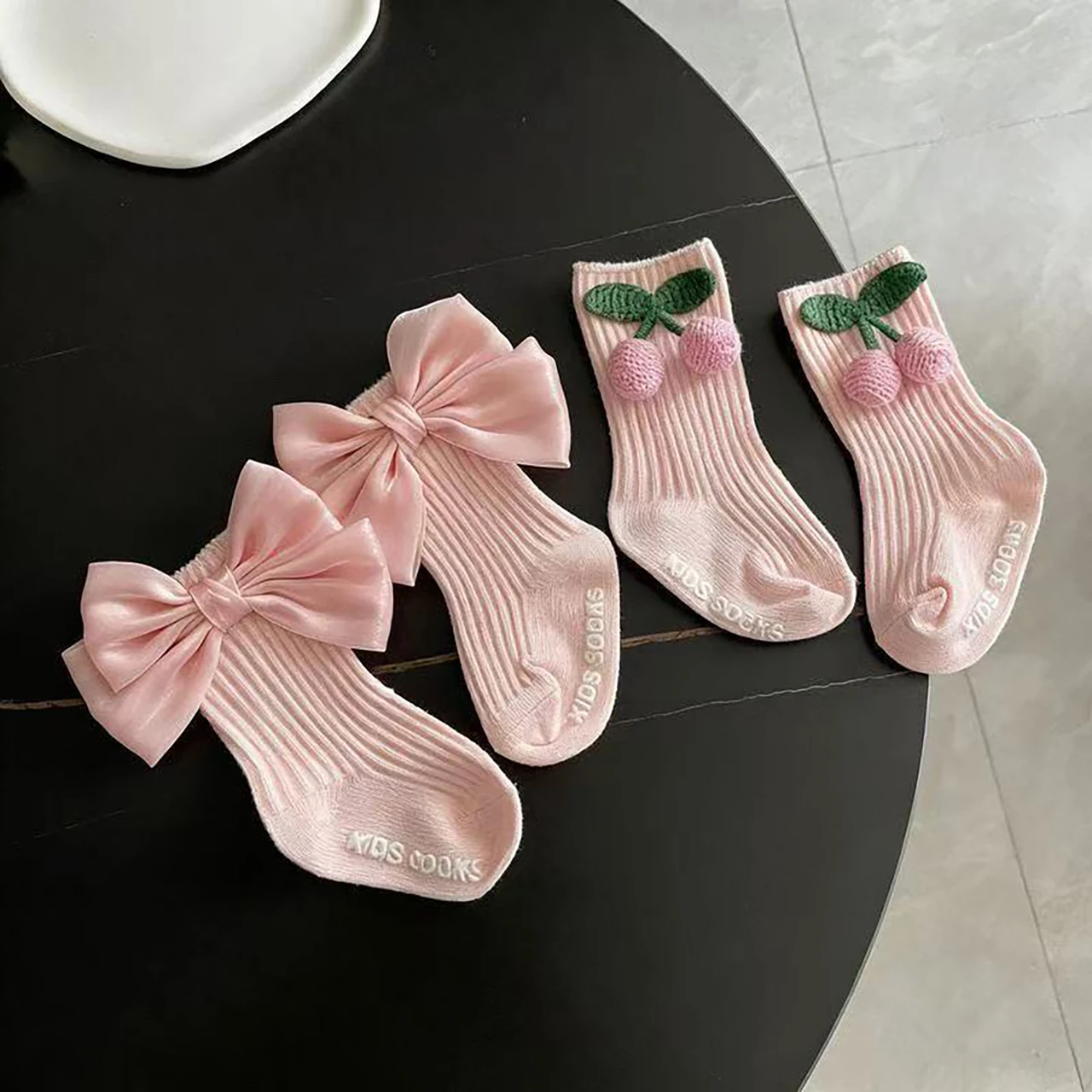 Sweet Pink Cherry Calf Socks for Baby Girls White Lace-Trimmed Cotton Sock Large Ribbon Bow Princess Infants Non-Slip Floor Sock