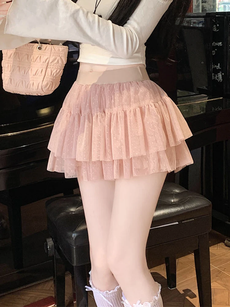 Милые сетчатые мини-юбки женские милые модные розовые юбки с высокой талией корейский повседневный стиль преппи женская шикарная танцевальная юбка новая