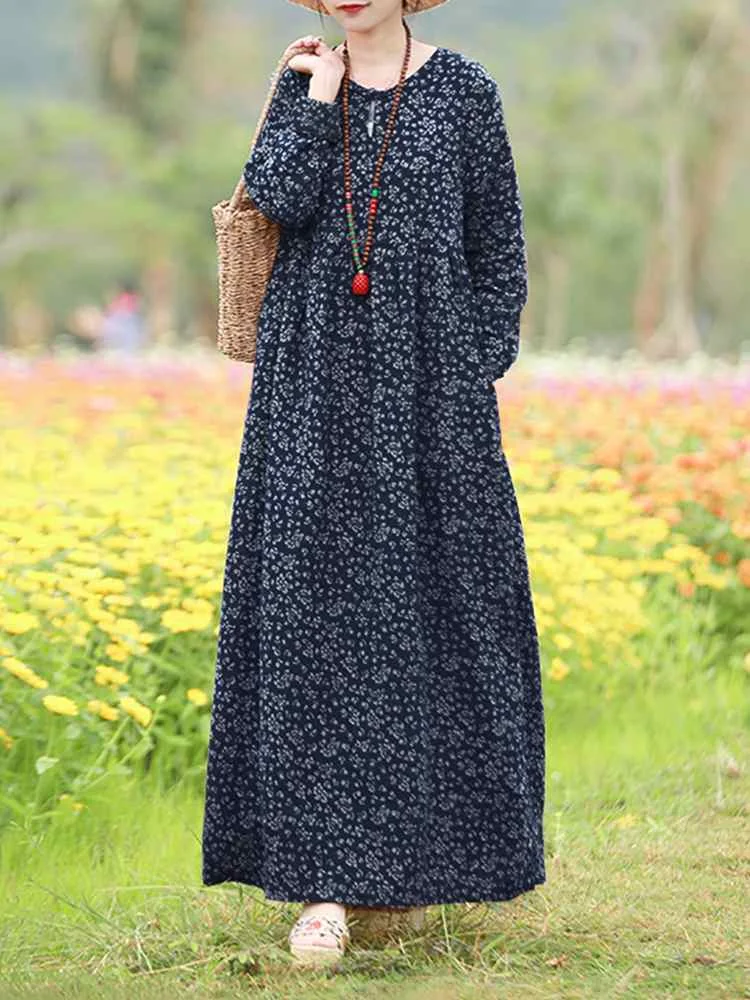 Sukienka w stylu vintage z kwiatowym wzorem damska 2025 ZANZEA Jesień Bohema Długie Sukienki Codzienne Długi Rękaw Maxi Vestidos Luźna Szata Damska Oversize