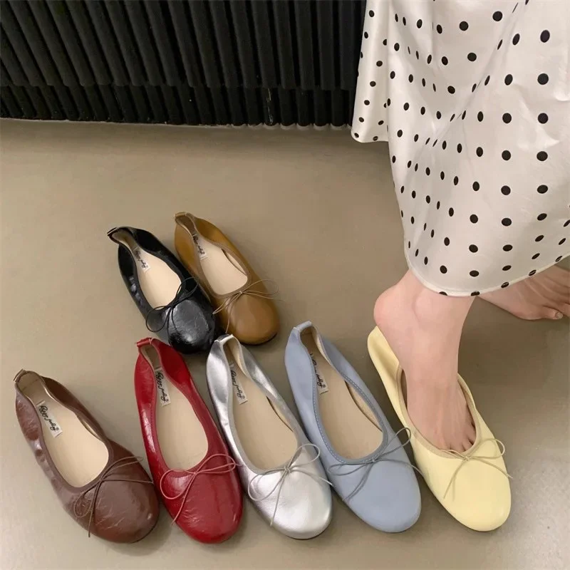 Zapatos planos de Ballet de fondo suave para mujer, zapatillas de hadas sin cordones con Nudo de mariposa, rollo de huevo, zapatillas blancas para mujeres embarazadas, novedad de 2025