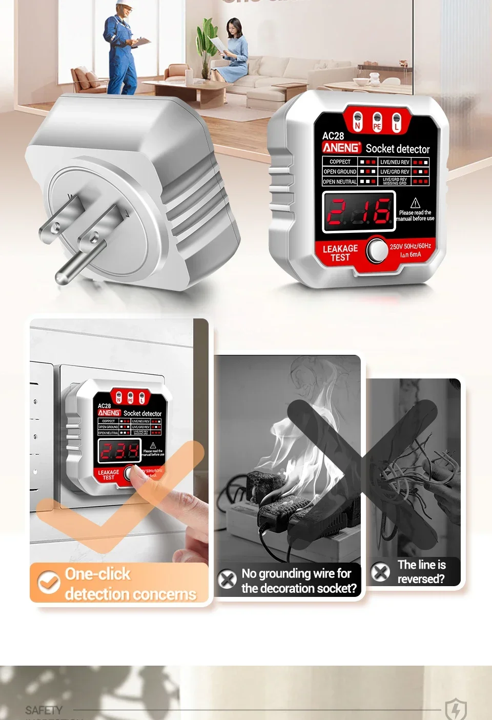 ANENG AC28 Digitaler Steckdosen-Leistungstester, Leistungsschalter-Finder, EU/US-Stecker, 250 V, 50 Hz/60 Hz, Steckdosen-Polaritätsdetektor, Spannungsprüfer – Detail 3