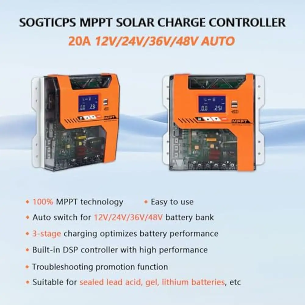 MPPT Solar Charger Controller 40A 12/24/36/48V Battery Regulator Compatible with AGM Gel Lithium Sealed Lead Acid LCD Display