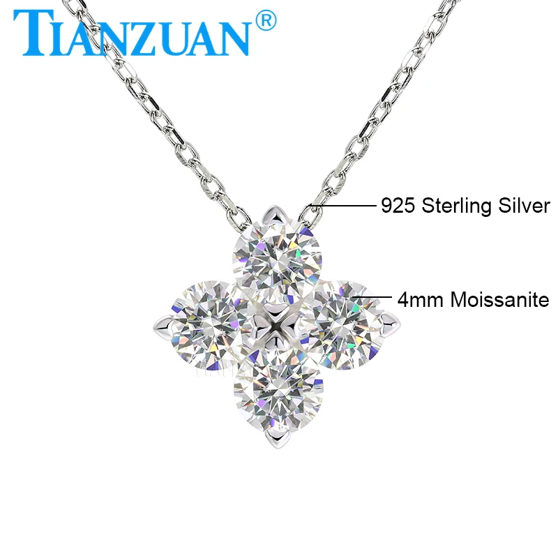 

Fashion Lucky Four Leaf Clover Pendant Necklace 925 Sterling Silver 4mm Moissanite Pendant for Women Charm Jewelry Gift