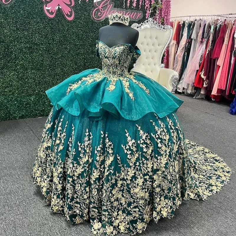 

Emerald Green Quinceanera Dress Chic Beads Appliques Corset Sequin Puffy Sweet 16 Girls Pageant Party Dress Ball Gown