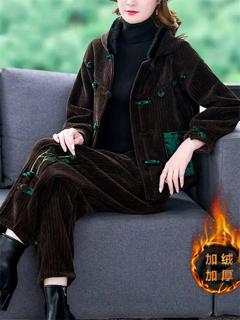 

Large Size Autumn And Winter Clothes Corduroy Jacket And Pants Women's Cotton Coat Plush Trousers Thickened Two Piece Suit T1162