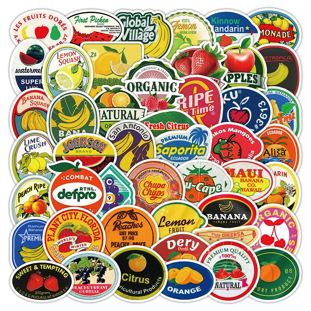 สติกเกอร์กันน้ำลายการ์ตูนผลไม้และตัวอักษรสีสันสดใส 50/100 ชิ้น สำหรับโทรศัพท์ รถยนต์ สเก็ตบอร์ด หมวกกันน็อค กล่องเครื่องเขียน ที่ใส่ปากกา
