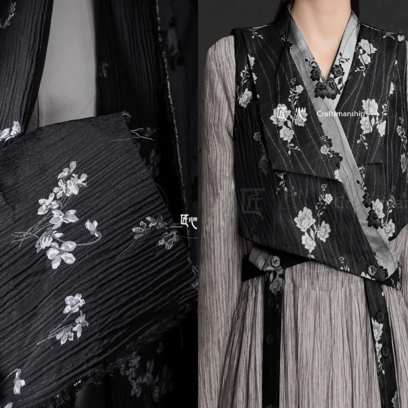 Black and White Cherry Blossom Jacquard Cotton Linen Fabric with Reconstructed Pleated Texture Artistic Chinese Style Hanfu