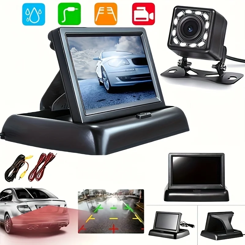 

Clear 4.3" Folding Car Backup Camera Kit - Wide Angle Rearview Display for SUVs, Pickups, RVs & More - 12V Powered LCD Screen