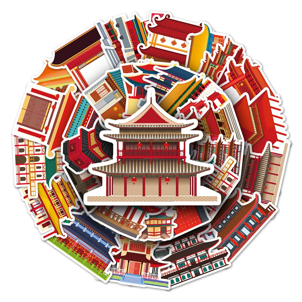 50pcs Vintage Chinese Ancient Architectural Building Sticker For Phone Ipad Stationery Aesthetic Stickers Scrapbooking Supplies