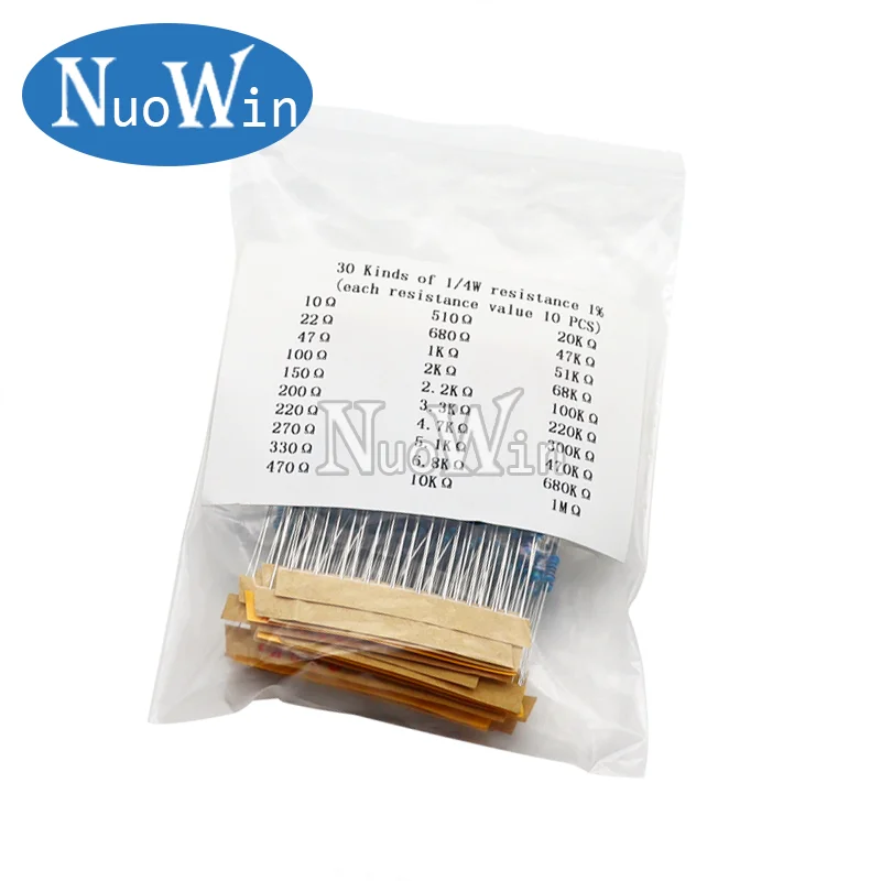 600pcs/Lot 300pcs/Lot 30 Values 1/4W Resistance 1% Metal Film Resistor Pack Assorted Kit 1K 10K 100K 1M 100 220 470 ohm