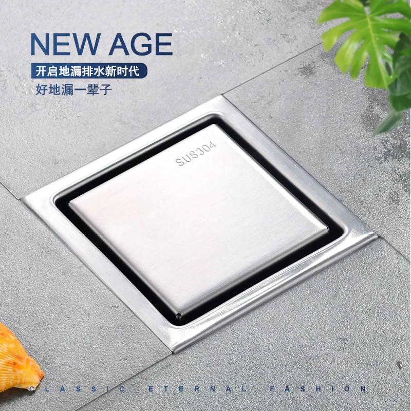 Invisible Square Floor Drain Shower Room Large Drainage Stainless Steel Odor Proof Extended Strip Hidden 100*100MM Floor Drain