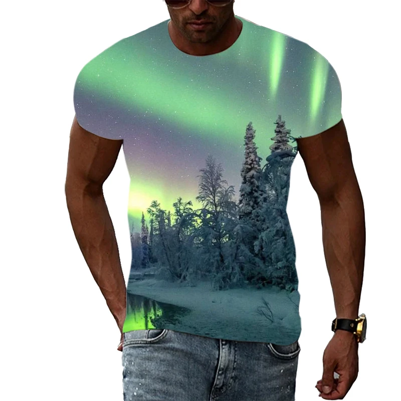 

Summer Trend Men Print Aurora graphic t shirts 3D Fashion Casual Personality Natural landscape Pattern short sleeve T-shirts