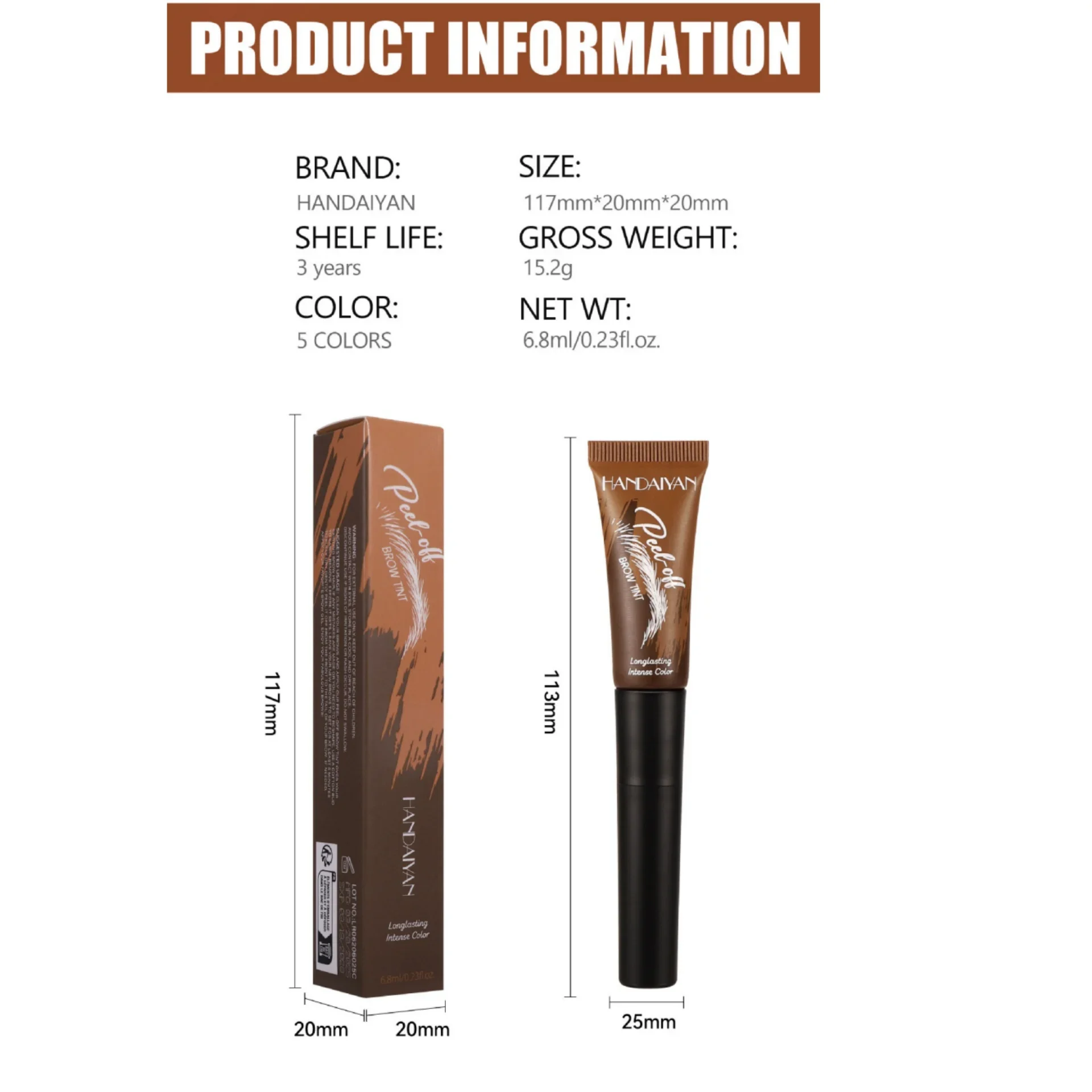 Handaiyan Peel-Off Wenkbrauwgel Langdurige Peel-Off Brow Tint Waterdicht Zweetbestendig Sneldrogend Peel-Off Wenkbrauwverflijm