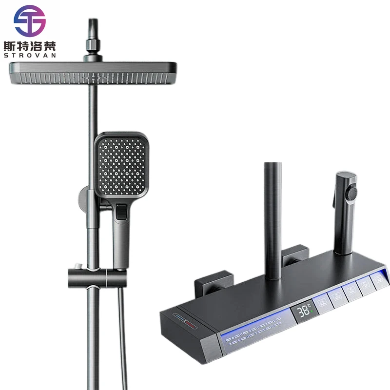 

Badezimmer Dusch Set Intelligent Constant Temperature Digital Display 5 Function Piano Keys Rain Shower with Back Spray Faucets