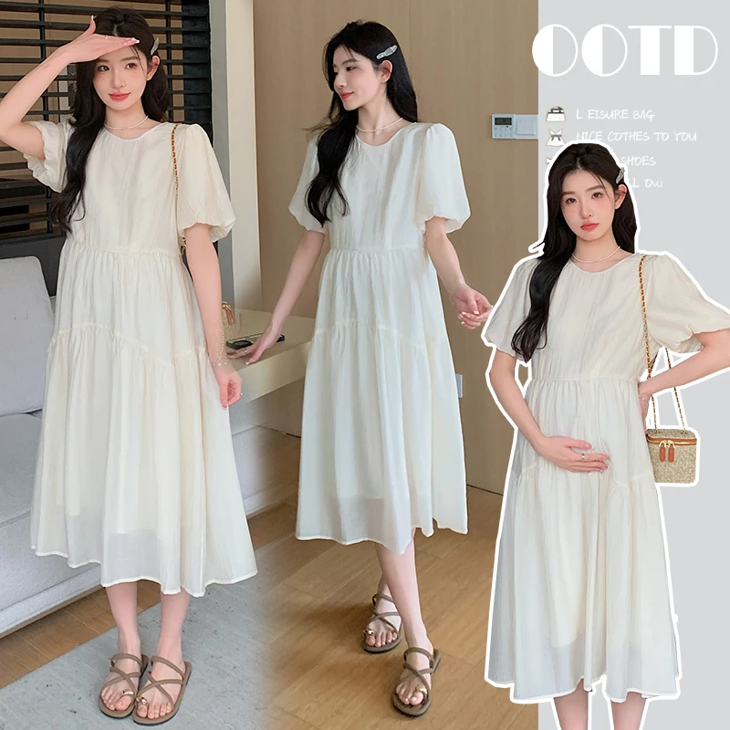 

2024 Summer Korean Fashion Maternity Daily Dresses Sweet Elegant A Line Loose Clothes for Pregnant Women Pregnancy Baby Shower