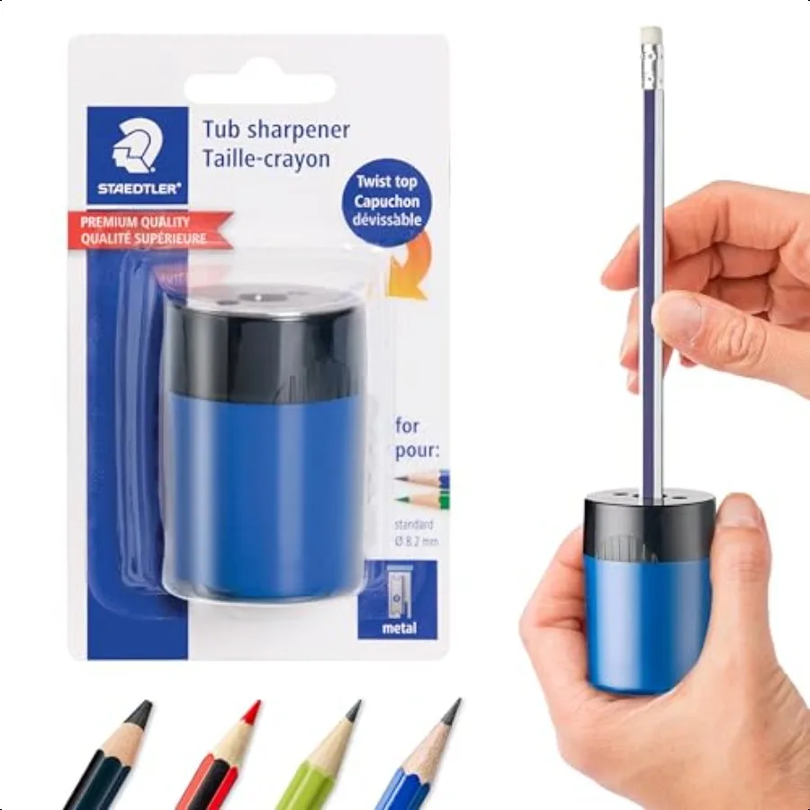 

Pencil Sharpener 1 Pack with Screw Lid and Tub No Spill Compact Design for Standard and Colored Pencils Metal Blade Assorted Co