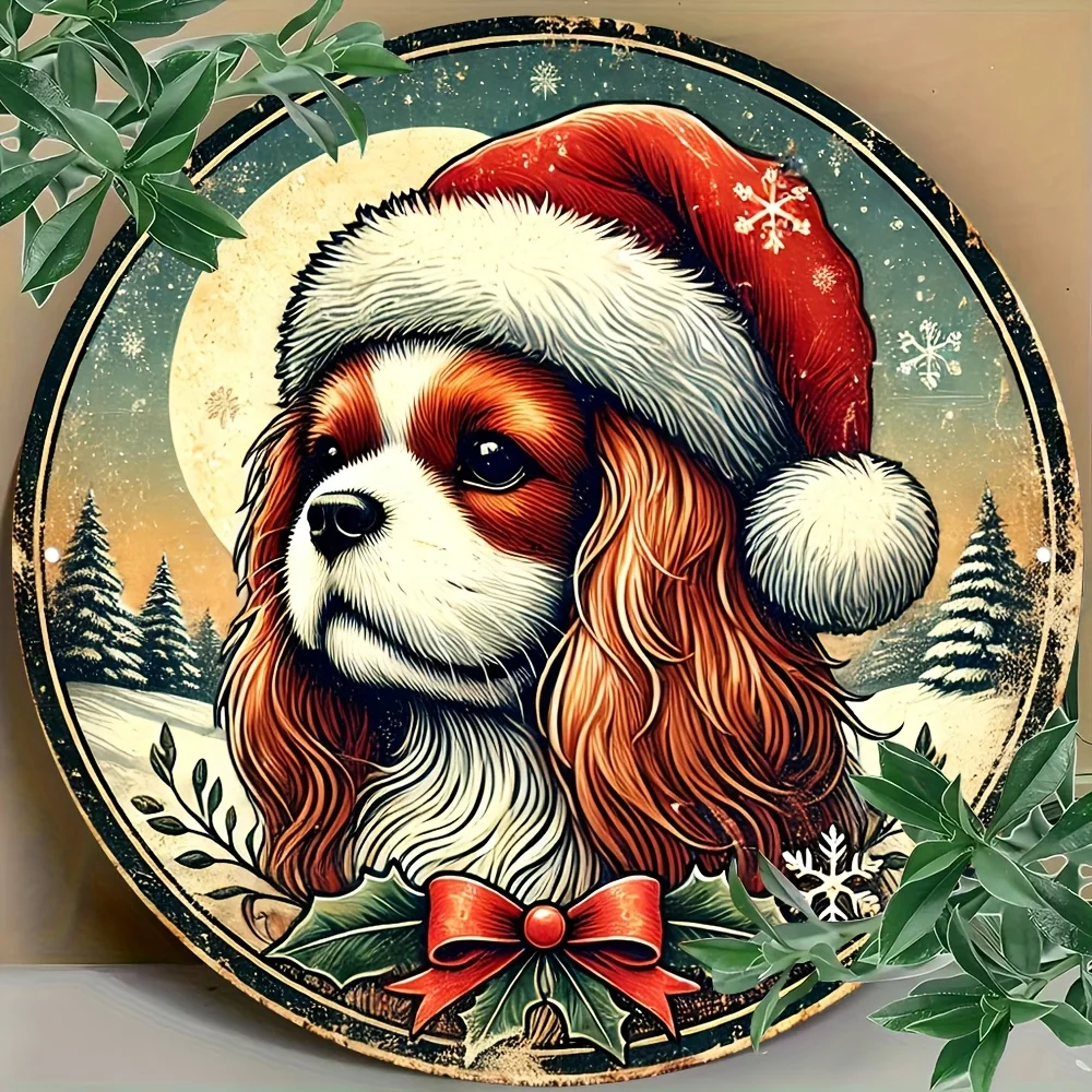Placa de metal plana 2D, redonda, vintage, navideña, Cavalier King Charles Spaniel, señal redonda de aluminio con sombrero de Papá Noel, 1 ud.