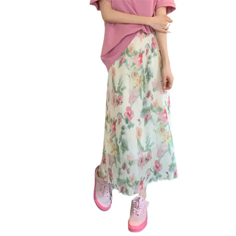 

Spring Chiffon Medium Length Female Sweet Lovely French Print Ankle-Length Slim Skirt Voile Elegant Temperament Party Vestidos