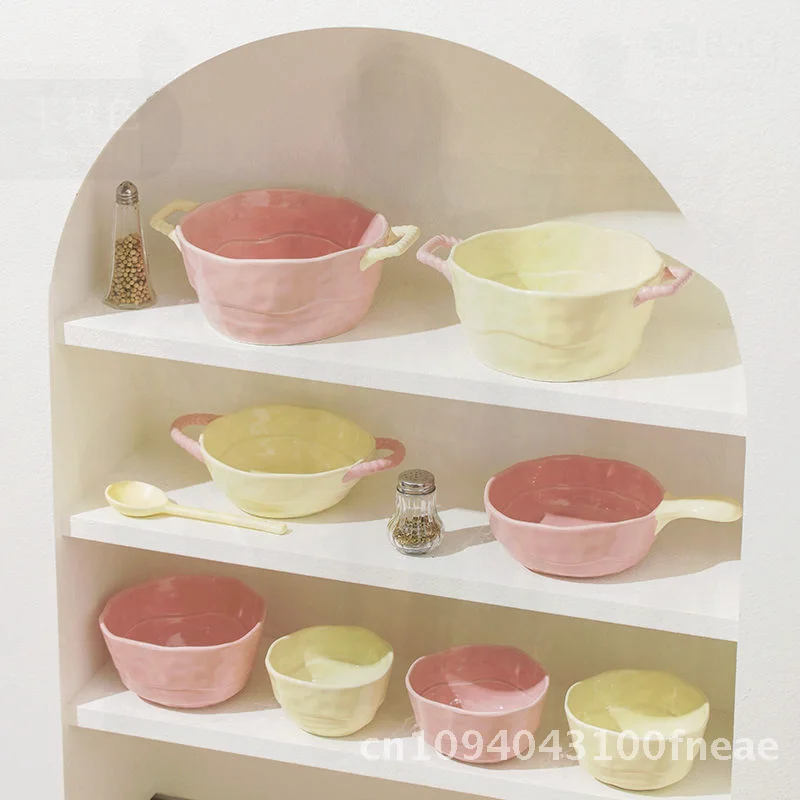 وعاء سيراميك متطابق الألوان مع مقبض - وعاء زبادي فواكه مستدير على الطراز الشمالي عالي الجودة آمن للاستخدام في الميكروويف