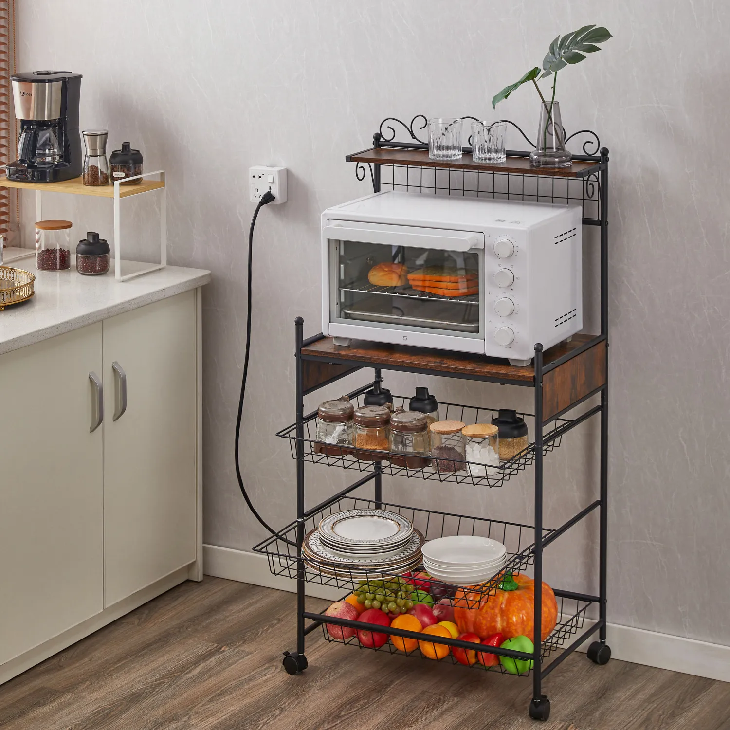 Removable Microwave& Oven Shelf Wire Basket, Kitchen Storage Shelf Rack for Spices, Pots and Pans, Wheels with Anti-skid Locks