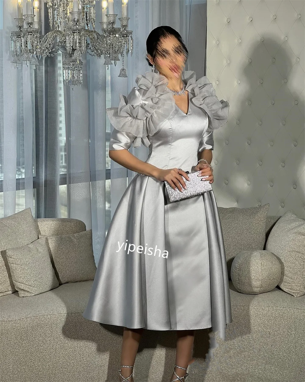 Customized    Ball      Satin Ruffle Beach A-line V-neck Bespoke Occasion Gown Midi es