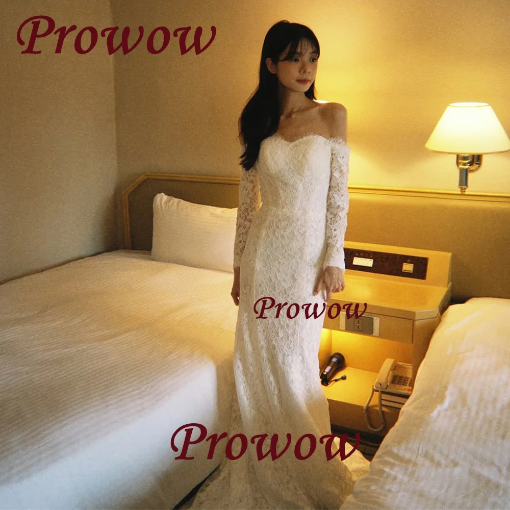 Prowow Elegant Lace Mermaid Wedding Dress Off The Shoulder Full Sleeves Bridal Gown Customized 웨딩드레스 Corset Floor Length