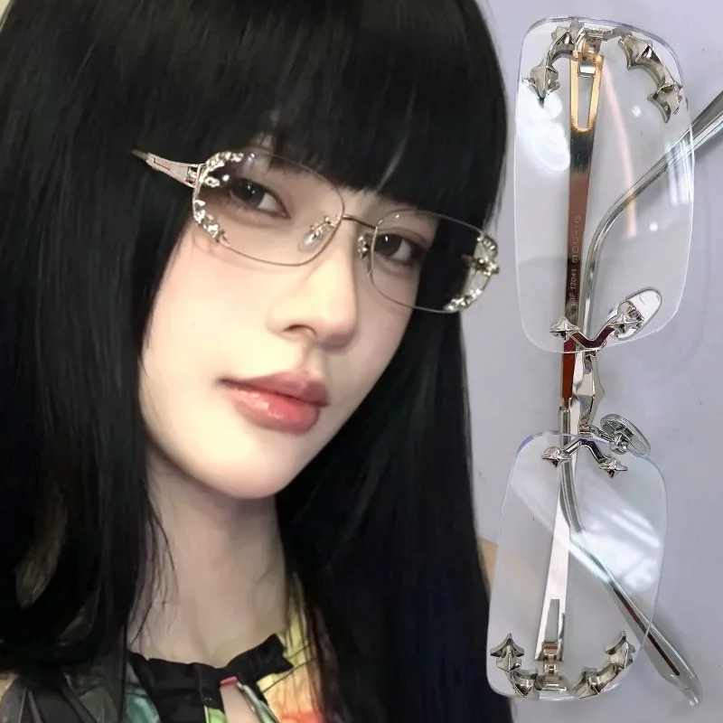 Vintage Rimless Square Star Glasses Spicy Girls Streetwear Harajuku Sunglasses Women Men Square Frame Anti-Blue Light Eyewear