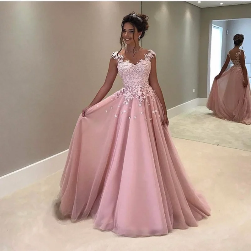 Elegant Pink Satin Lace A Line Evening Dresses V-Neck Decal Beading robe de soiree Party Gowns bridal Porm Dresses For Women