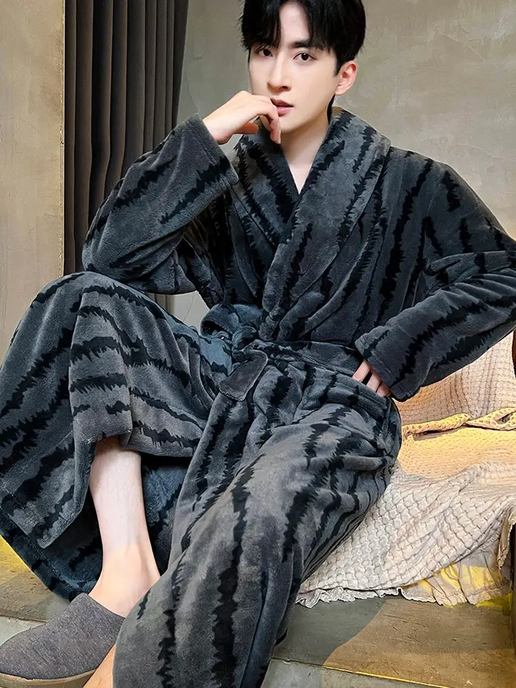 Zebra Stripes Robe for Men Sleepwear Belt Bathrobe Winter Night Wears Warm Fleece Pajama One Piece Nightgown Homewear 2024 New