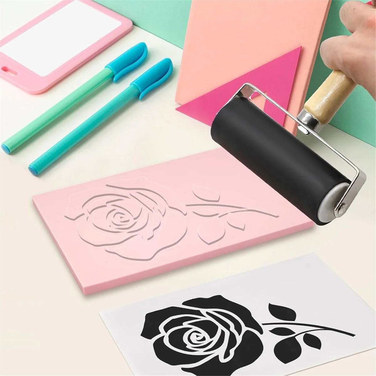 ABJZ 5 حزمة 4x6 كتل نحت الطوابع المطاطية الوردية شاحبة كتلة Linoleum مع قاطع Linoleum وبكرة براير المطاطية