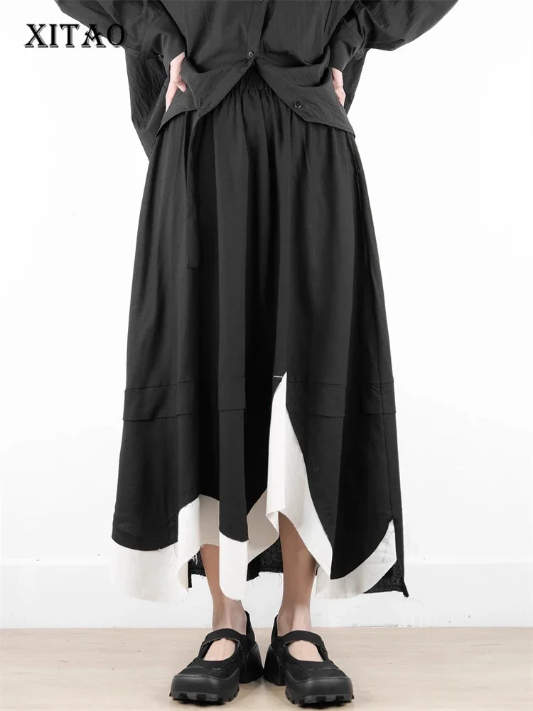 

XITAO контрастного цвета асимметричная юбка с карманами с эластичной резинкой на талии в стиле пэчворк трапециевидной формы свободная утягивающая индивидуальная юбка до середины икры HQQ2444