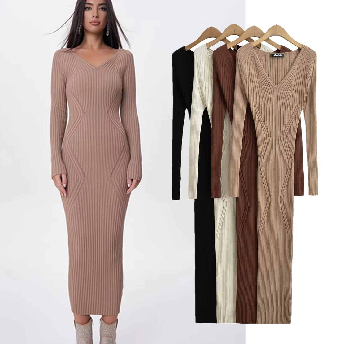 

Jenny&Dave Elegant Party Solid Color Basic Dress Women French Knitted Ribbed Slim Fit Dress Fashion Women's