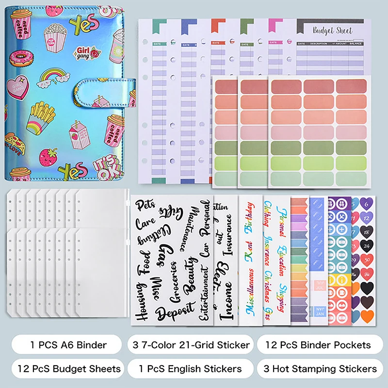 A6 Cute Laser Money Budget Planner Binder With Zipper Pouch&Labels Cash Envelopes For Budget Money Organizer Removable Binder