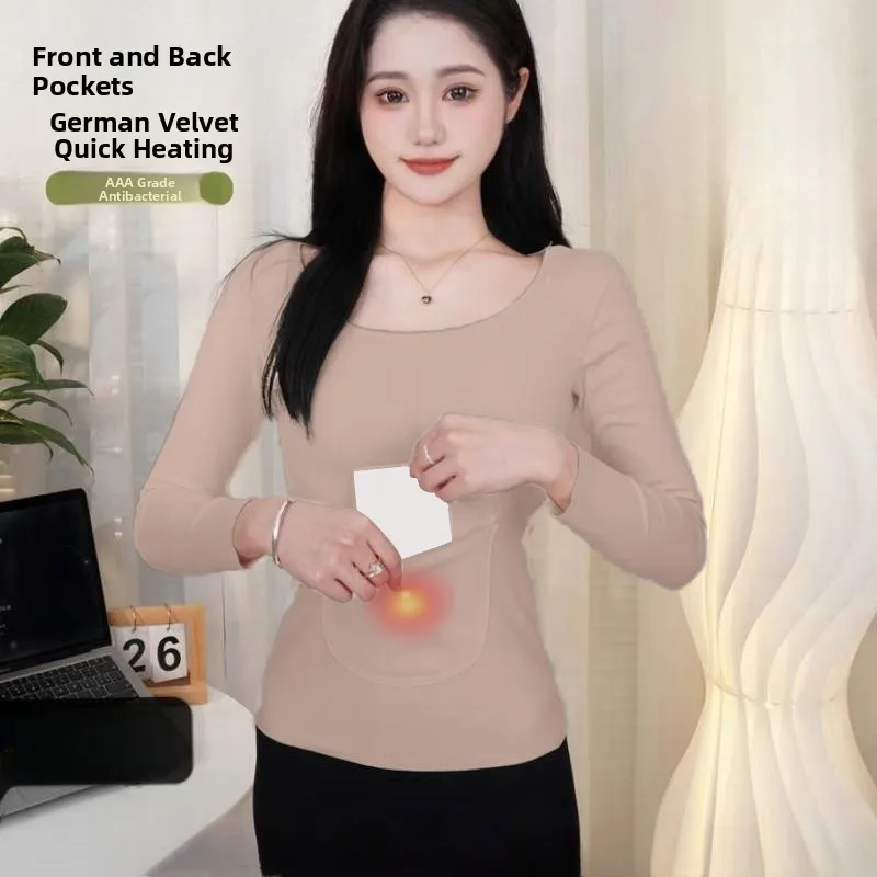 Women's Long Sleeve Fleece Lined Thermal Top Slim Fit with Pockets Waist And Belly Protection Autumn Winter Base Layer Shirt