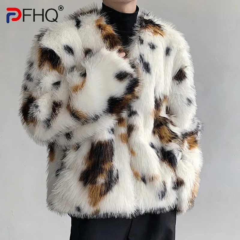 PFHQ New Male Spotted Faux Fur Warm Short Men's Cotton Coats Personalized Contrast Color Thick Zipper Collarless Jackets 9C3606