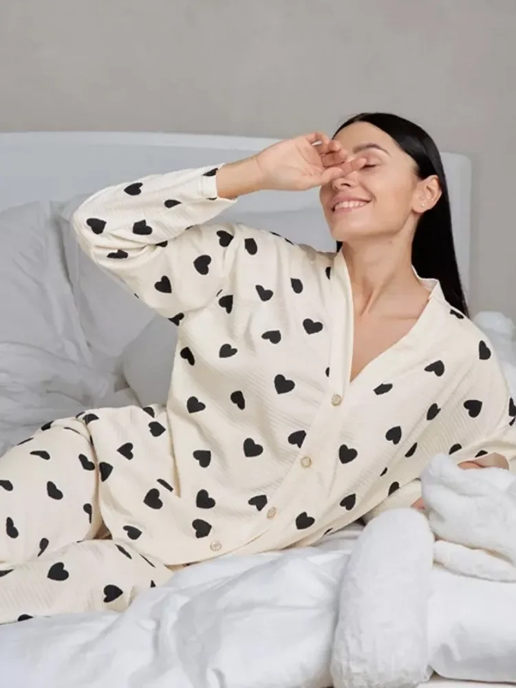 Autumn Winter 2-Piece Pajamas Set for Women Sleepwear Wafflefabric Love Printed Long-Sleeved Shirt and Long Pants Loungewear