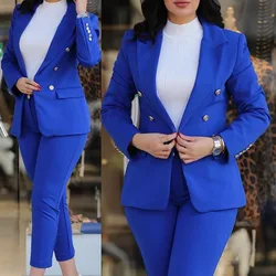 Women Pant Sets Two Pieces Turn Down Collar Double Breasted Outerwear Pockets Solid Pencil Pants Ankle Length Office Lady