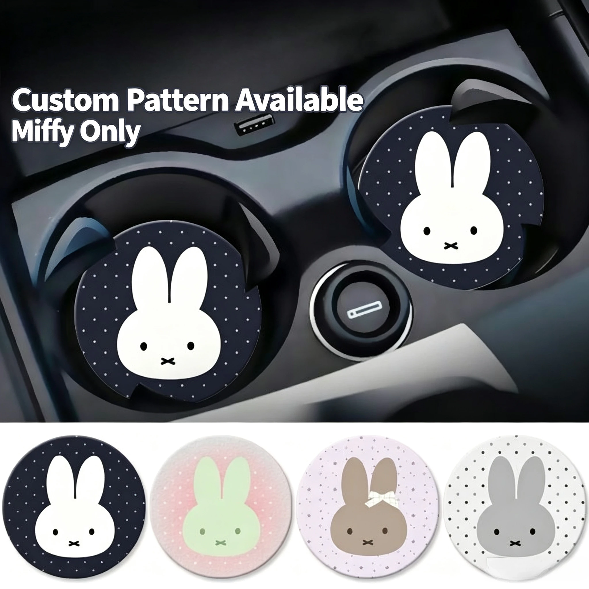 Cute Miffy Bunny Car Coaster Cartoon Rabbit Bow Print Auto Cup Holder Mat Kawaii Non-slip Heat Resistant Car Interior Decor