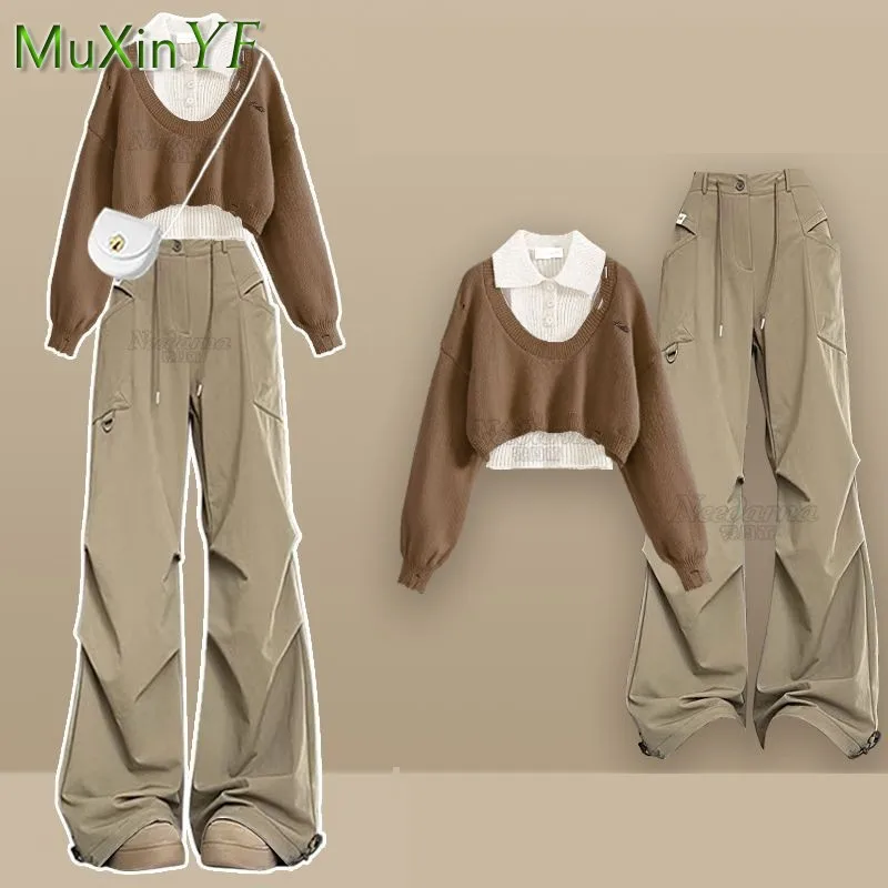 

2025 Women Spring AutumNew Fashion Sportswear Matching Set Korean Elegant Knitted Sweater+Vest+Casual Cargo Pants 3-Piece Suit