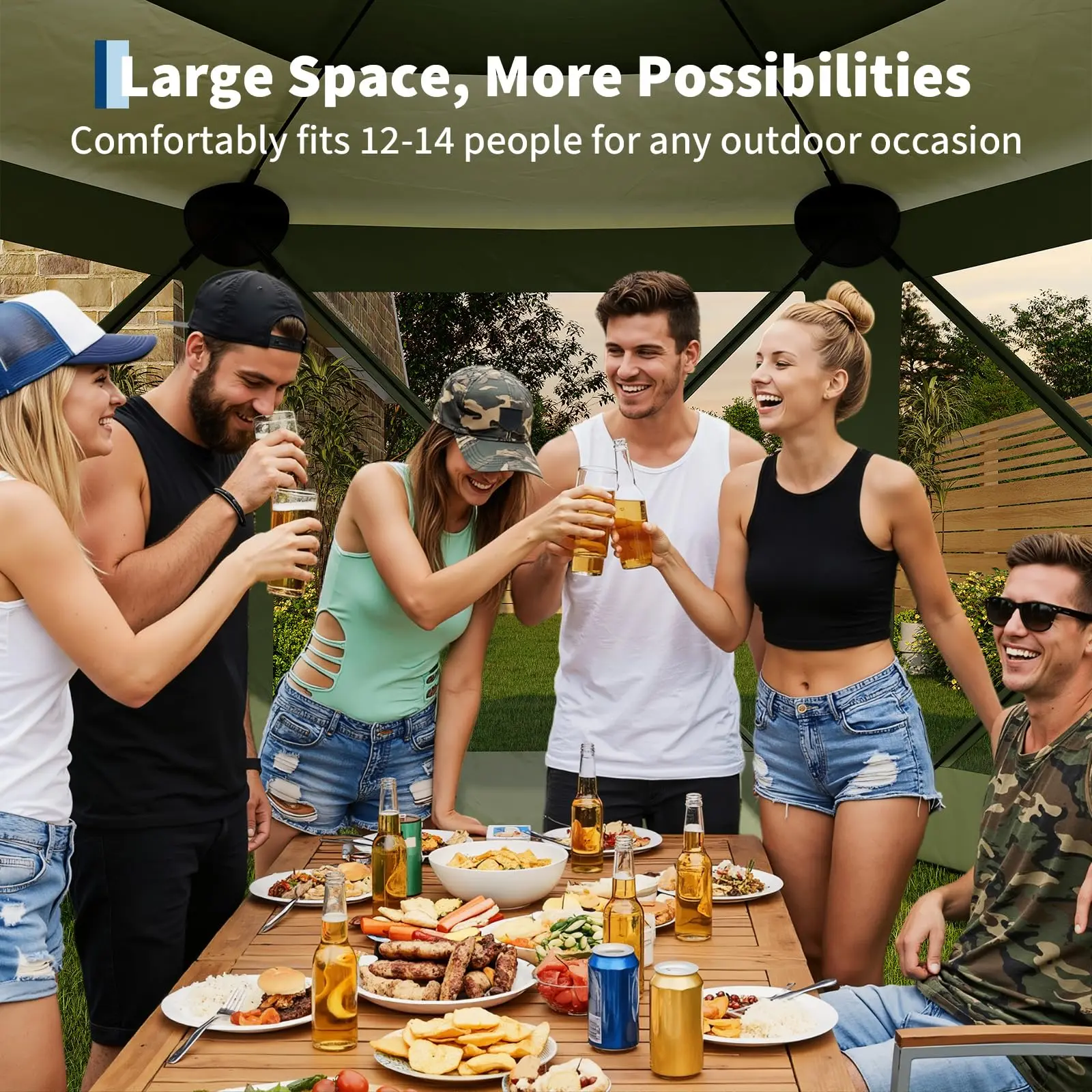 13FT 6-Sided Pop Up Gazebo Tent，One-Push Setup Canopy Tent with Mesh Panels & Removable Wind Cloths, Outdoor shelter for Camping, Backyard Parties, Outdoor Events - Army Green