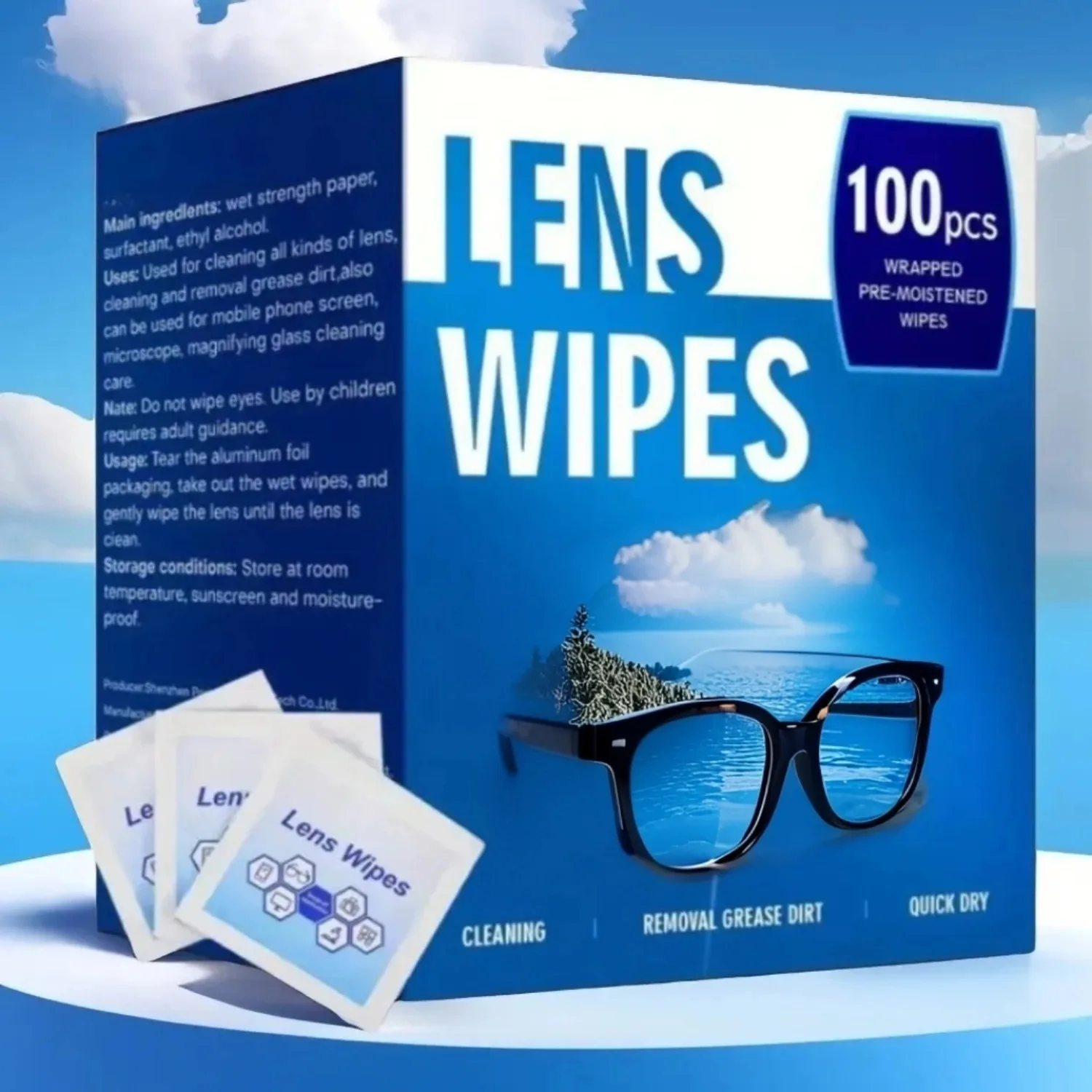 

100 салфеток для чистки линз - предварительно смоченные салфетки для чистки линз - в индивидуальной упаковке, не оставляют царапин и следов.