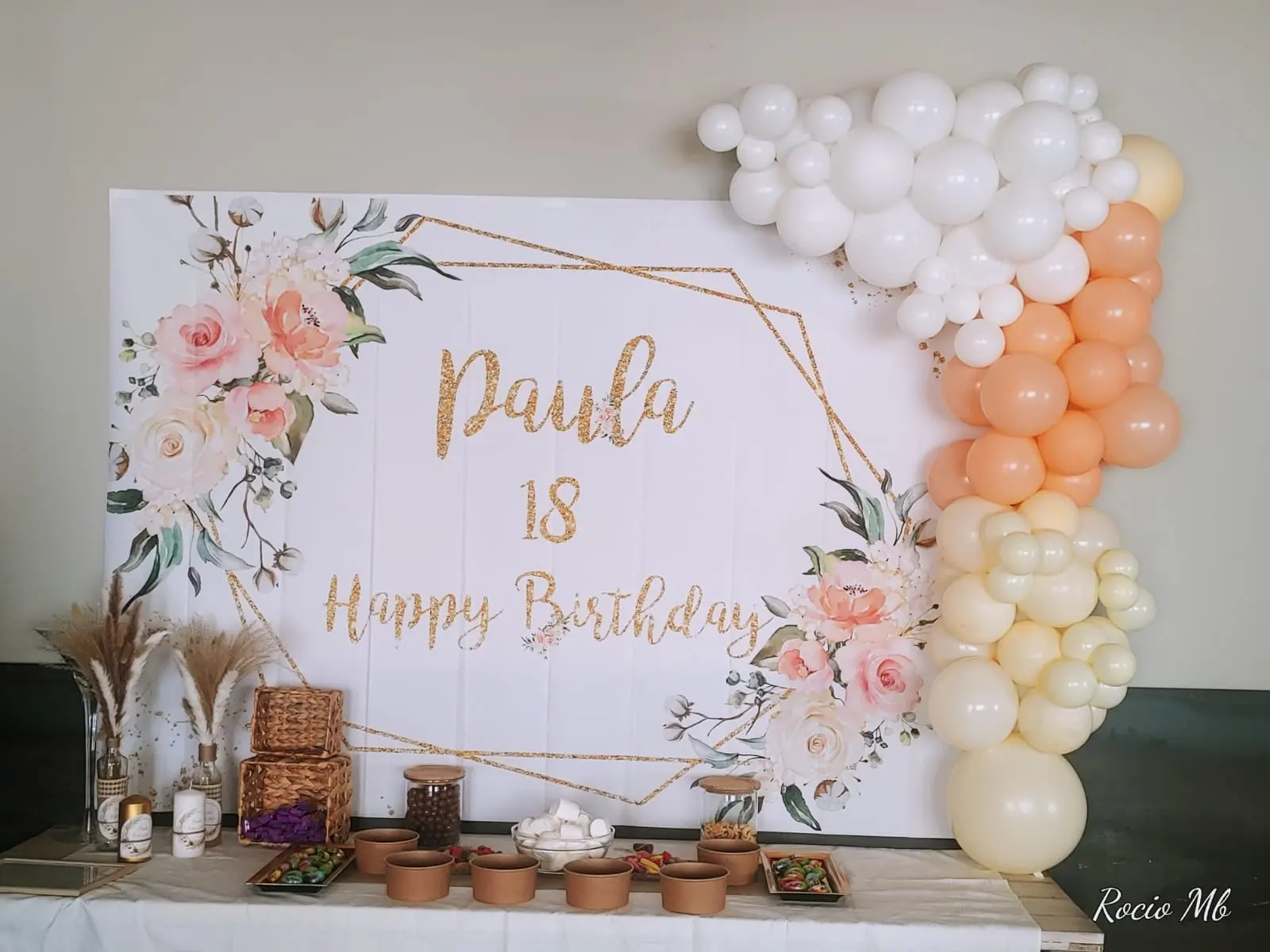 NOMBRE feliz cumpleaños personalizado telón de fondo rosa Floral decoración suministros sesión fotográfica punto dorado personalizar DIY suministros
