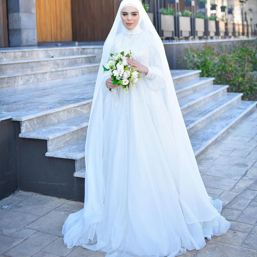 

Modest Muslim Wedding Dresses Hijab High Neck Long Sleeve White Civil Bride Dress A Line Beading Islamic Bridal Gown Customized