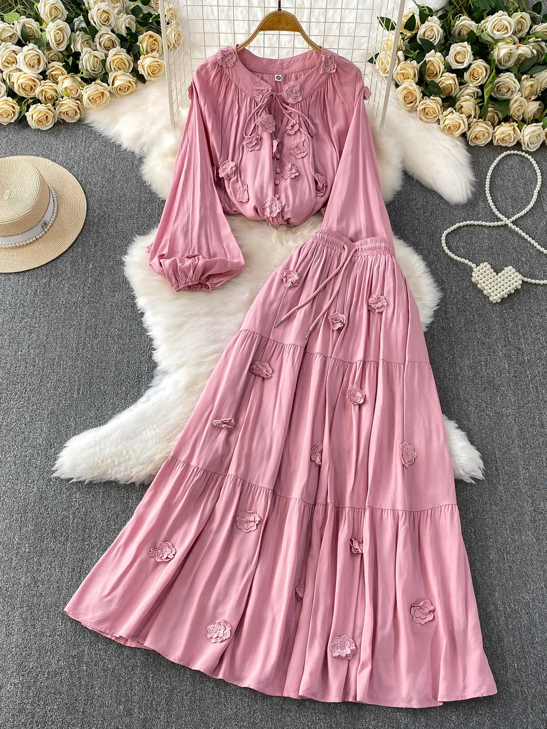 

Розовый цветочный Embellied Lantern Sve irt и юбка с высокой талией, женский модный осенний наряд, круглый, свободный крой irt