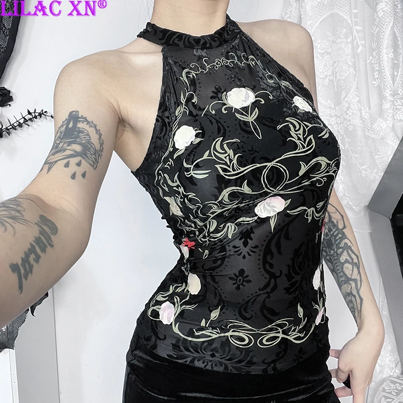 

Y2K Goth Black Neo-Chinese Style Halter Tank Tops Sexy Vintage Plant Print Flocking Backless Crop Tops Women Summer Camis Tops